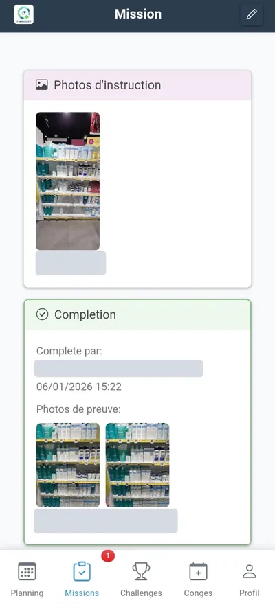 Écran Mission de PharmaShift sur téléphone, vue du manager&nbsp;: photos d’instruction, mission terminée avec sa date et ses photos de preuve. Nom masqué.